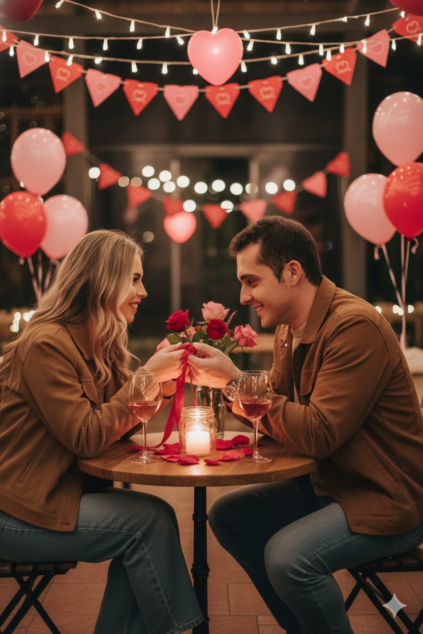 Cinematic Valentine’s Night Romantic Couple at a Cozy Cafe